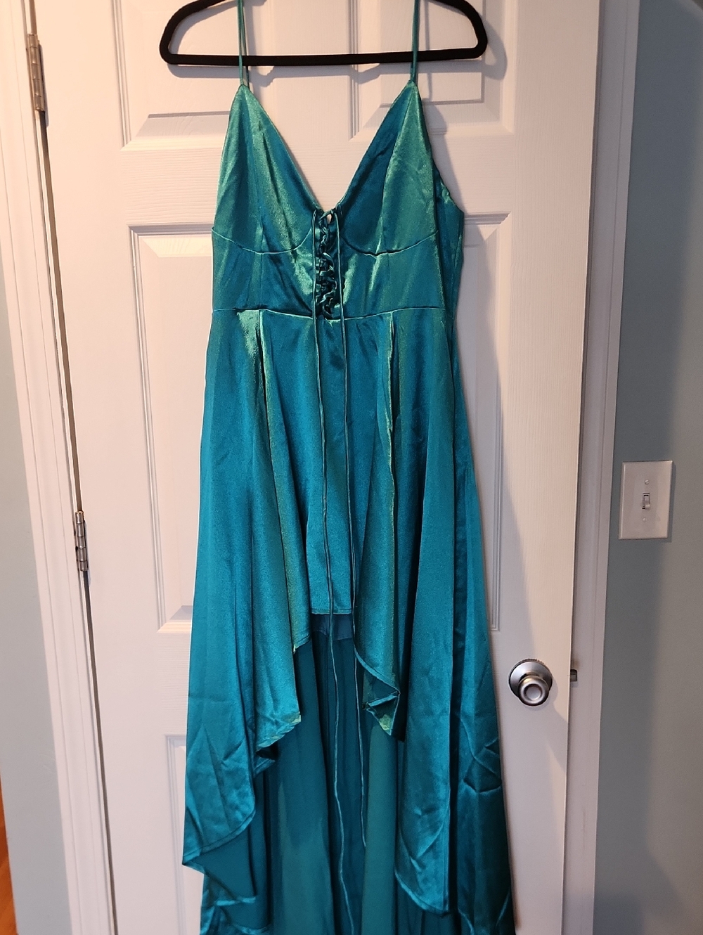 Joyfolie Teal High-Low Satin Dress